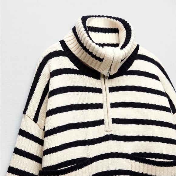 ZARA Striped Half Zip Knit Sweater Cropped Cotton Pullover Size S - Picture 4 of 11